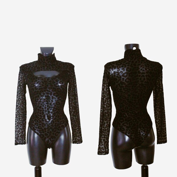 Damen Schwarzer Samt & Mesh Animal print Bodysuit Brust vorne Turtle Neck Bodysuit