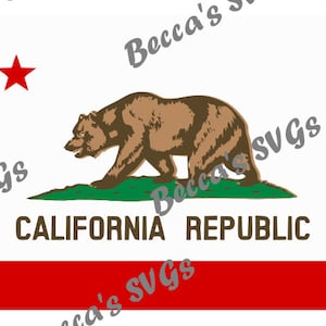 May include: The official flag of California features a red star, a brown grizzly bear walking on a green field, and the words "CALIFORNIA REPUBLIC" in brown text. The flag has a red stripe at the bottom.