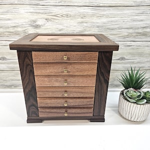 Simple Elegant 5-Drawer Solid Wood Jewelry Box, Lift Lid, Necklace Doors