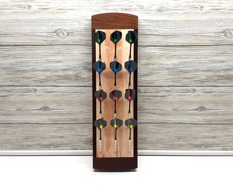 Wall Mount Darts Holder for 12 darts, Darts Rack for Games Room, Gift for Men, Rec Room Decor, 12 Dart Wall Storage Caddy Maple with Dark Wood
