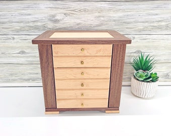 Elegant Jewelry box with lift lid, necklace holders with 5 drawers. Women's jewelry box with necklace hangars. Solid wood jewelry box