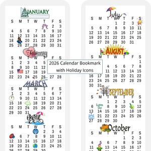 2026 Calendar Bookmarks - Laminated to Last All Year - With holiday icons!