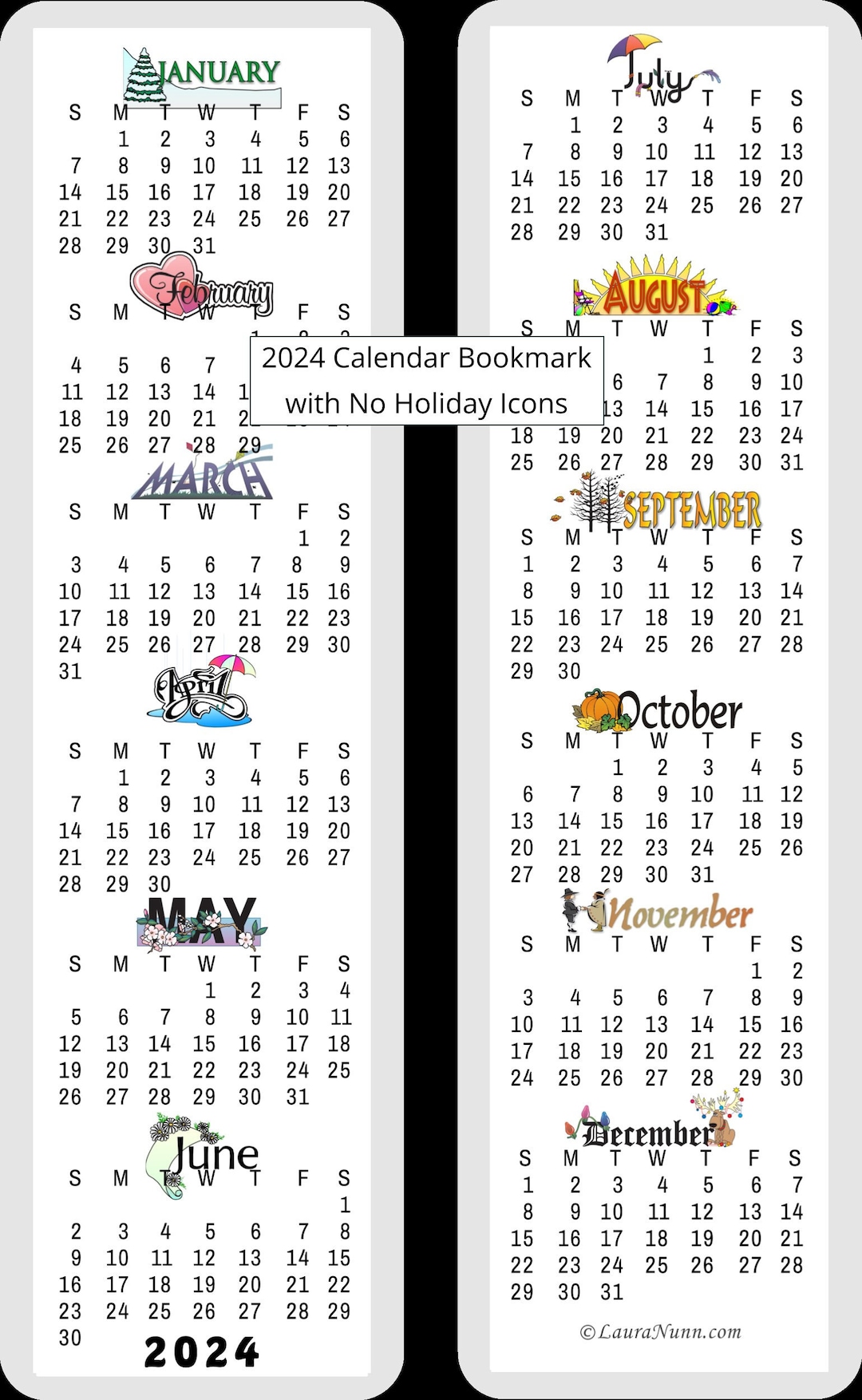 2024 Calendar Bookmark Laminated to Last All Year Without Holiday Icons