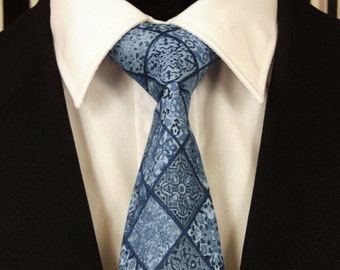 Blue Diamond Cotton Necktie | Handmade Men's Checkered, Patchwork Patterned Gift Tie | Long or Slim