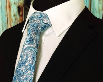 Blue and White Floral Paisley Cotton Necktie | Handmade Men's Gift Tie | Long or Slim