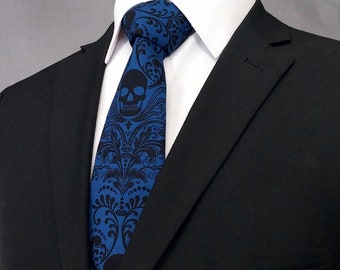 Royal Blue and Black Skull Tie – Gothic Wedding Blue Skull Neckties