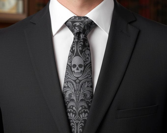 Black and Grey Skull Cotton Necktie | Handmade, Hand-dyed Men's Gothic Tie | Long or Slim