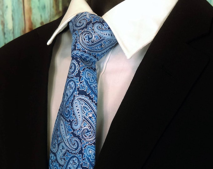 Fathers Day Gift – Paisley Neck Tie, Mens Blue Paisley Necktie. Available as a Skinny Tie and a Extra Long Tie