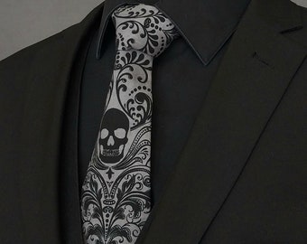 Light Gray with Black Skull Necktie: Handmade, Hand-Dyed Cotton Damask Gothic-Styled Accessory