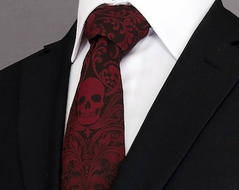Corbata de calavera burdeos: corbata hecha a mano para hombre o mujer con estampado gótico único. ¡Pañuelo de bolsillo no incluido!