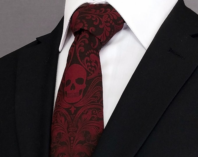 Burgundy Skull Necktie – Handmade Men's or Women's Tie with Unique Gothic Print. Pocket Square not Included!