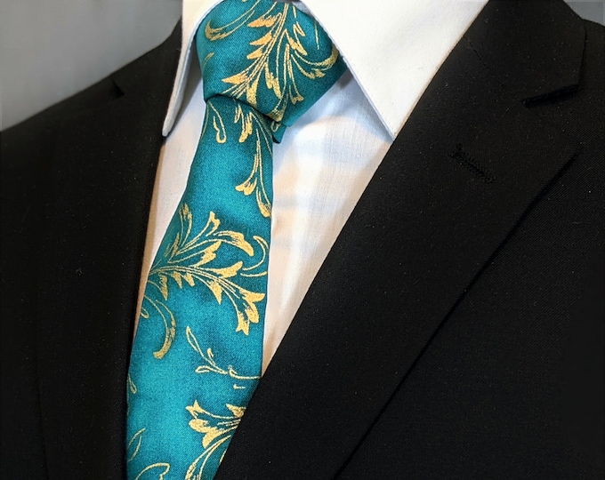 Floral Ties – Mens Blue and Gold Metallic Floral Necktie, Also Available as a Skinny Tie.