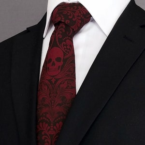 Burgundy Skull Necktie – Handmade Men's or Women's Tie with Unique Gothic Print. Pocket Square not Included!