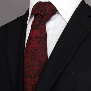Burgundy Skull Necktie – Handmade Men&#39;s or Women&#39;s Tie with Unique Gothic Print. Pocket Square not Included!