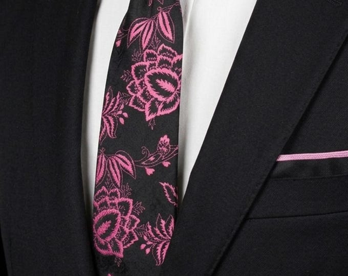 Black Floral Necktie with Pink Blossoms – 100% Cotton Handmade Mens Tie