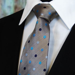 Silver Necktie – Mens Silver Tie with Multy Colored Dots