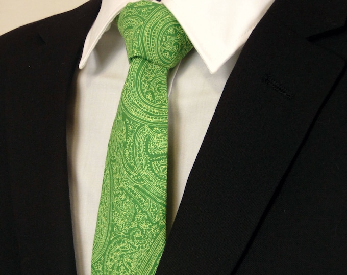 Extra Long Neckties – Mens Green Paisley Necktie, Also available as a skinny tie and a extra long tie.