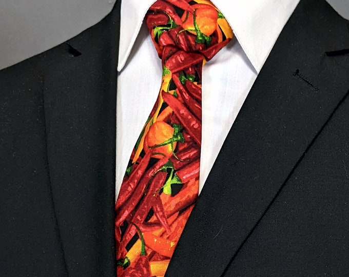 Hot Pepper Necktie, Hot Pepper Tie, Mens Necktie, Mens Tie, Red Pepper, Cinco De Mayo, Multi Colored, Fathers Day, Birthday, Gift, Yellow