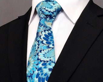 Blue Peacock Feather Necktie: Father of the Bride Gift, Handmade Cotton Wedding Accessory