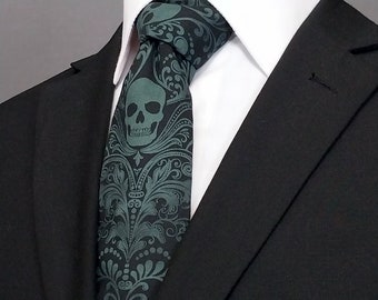 Sage Green Skull Tie, Mens Green Necktie, Ties for Weddings
