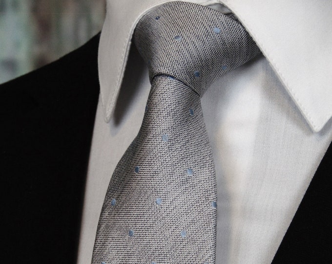 Silver Tie – Mens Silver with Light Blue Dots Silk Necktie