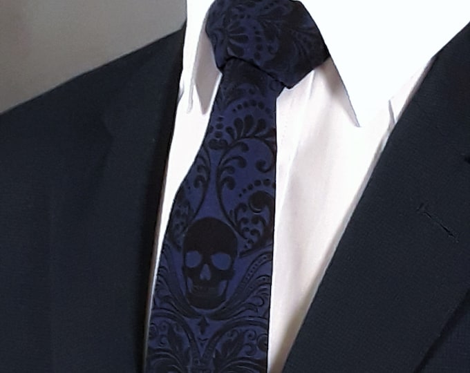Mens Skull Tie, Navy Skull Tie, Blue Skull Necktie