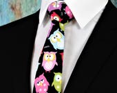 Owl Tie – Colorful Mens Owl Necktie, Also Available Extra Long and as a Skinny Tie.