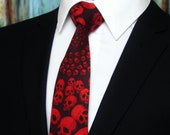 Red Skull Tie – Mens Halloween Necktie – Unique Black with Red Skulls Cotton Neck Tie.