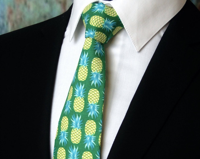 Tie Green – Pineapple Necktie, Unique Mens Neck Tie Great for Hawaiian Theme Wedding Tie, Alos Available as a Skinny Tie