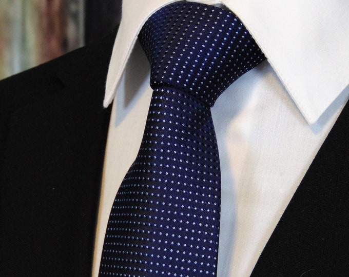 Navy Blue and White Tiny Dot Silk Necktie | Men's Classic Formal Gift Tie