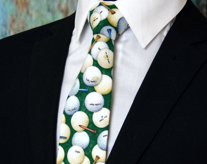 Golf Gifts For Men – Golf Neckties / Mens Golf Tie with Golf Balls and Tees. Available as a Skinny Tie and a Boys Tie.