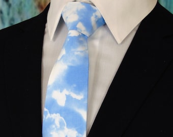Cloudy Sky Cotton Necktie | Blue and White Weather Print Cloud Tie | Long or Slim