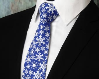 Snowflake Tie – Blue Mens Christmas Tie with White Snowflake Neck Tie also  Available as a Skinny Tie.