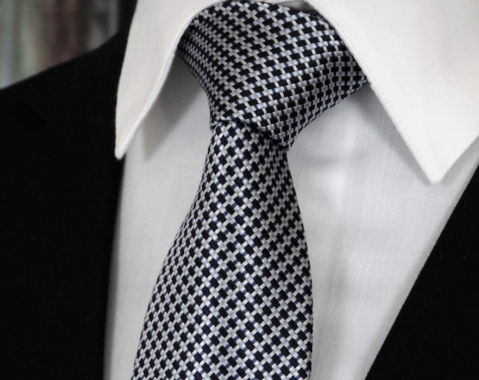 Navy Blue and Silver Sloped Chainmail Styled Silk Necktie | Men's Formal Gift Tie