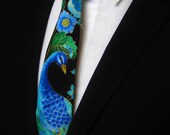 Peacock Necktie – Mens Floral Tie / Peacock with colorful Floral Motif, Alos Makes a Great Wedding Tie.