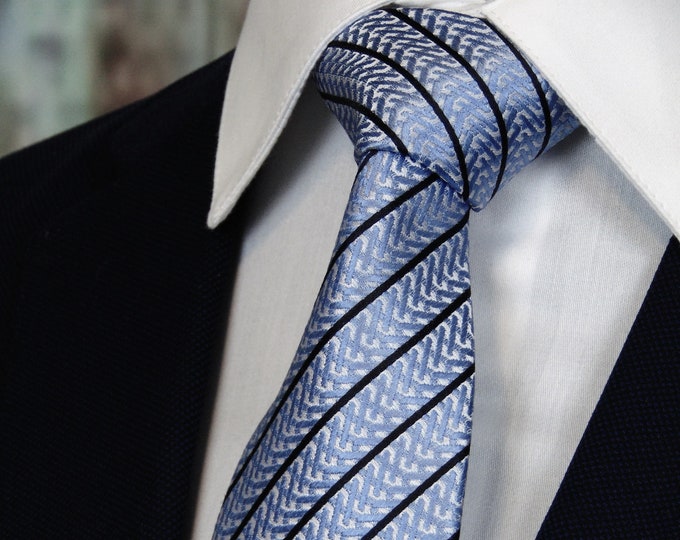 Light Blue Tie – Mens Light Blue with Black Stripe Silk Necktie