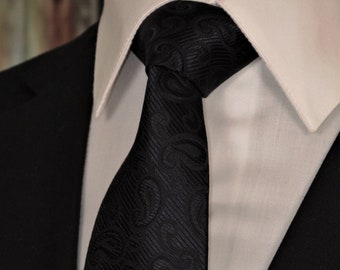 Silk Paisley Tie – Mens 100% Silk Black on Black Paisley Necktie