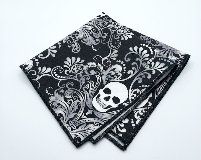 Black and White Skull Cotton Pocket Square | Handmade Damask Gothic Accessory