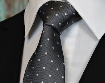 Silk Ties for Men – Mens Dark Gray with White Dots Silk Necktie.