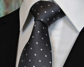 Silk Ties for Men – Mens Dark Gray with White Dots Silk Necktie.