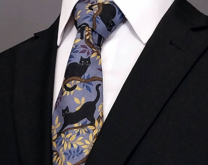 100% Cotton Black Cat Necktie with Purple Background - Perfect for Cat Lovers and Stylish Individuals"