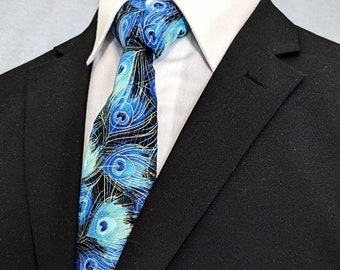 Blue Peacock Feather Necktie: Handmade Wedding Cotton Accessory, (Skinny Tie Available)