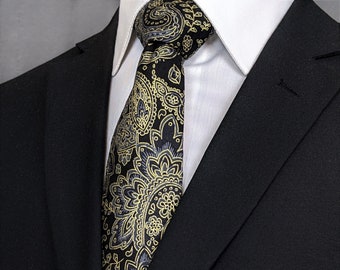 Black Paisely Necktie – Mens Black Paisley Tie Metallic