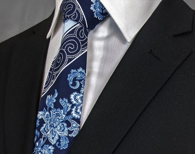 Floral Stripe Necktie – Mens Blue Floral Tie. Available as a Extra Long Tie and A Skinny Necktie.