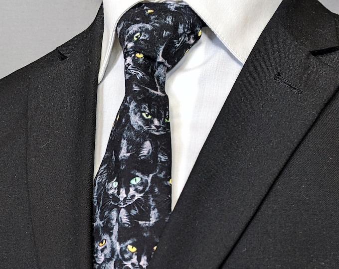 Neckties with Cats – Allover Black Cat Tie with Multicolored Eyes