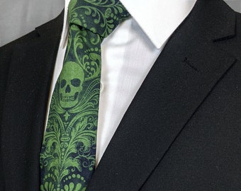 Black and Apple Green Skull Cotton Necktie | Handmade, Hand-dyed Damask Gothic Tie