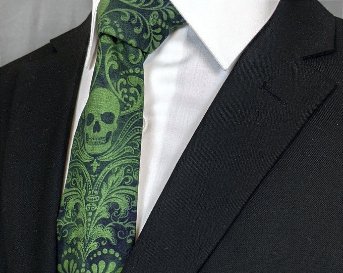 Apple Green Skull Tie – Mens Apple Green Goth Skull Necktie. Pocket Squares Also Available.