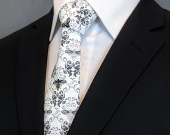 Bee Necktie | White, Black, and Yellow Damask Cotton Tie for Men