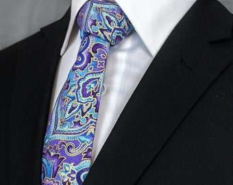 Blue Purple and Gold Floral Paisley Cotton Necktie | Handmade Men's Gift Tie and Accessory