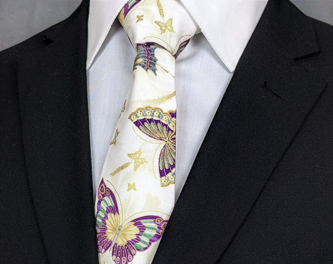 Butterfly Necktie – Mens Cream with Colorful Butterfly Tie